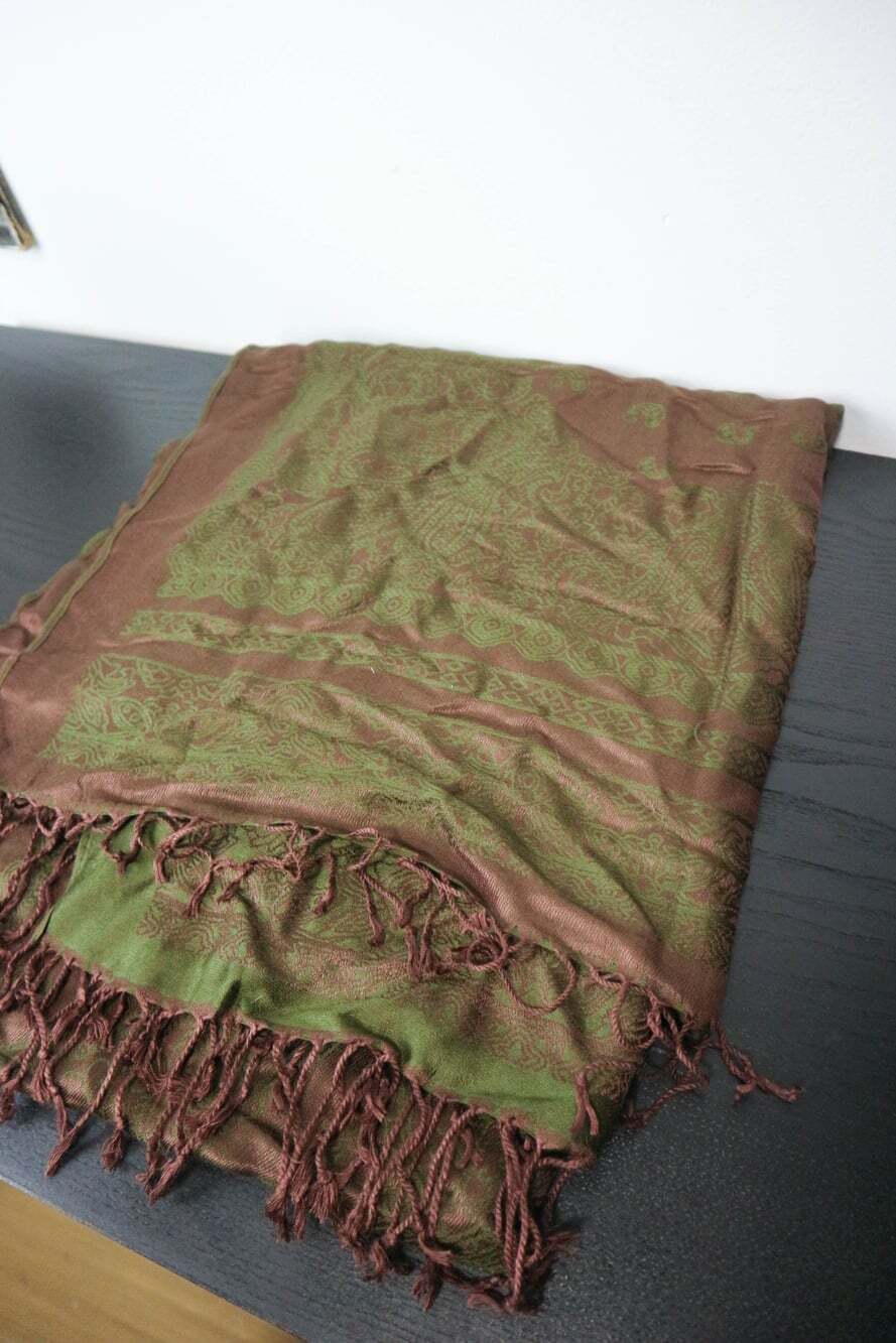 Pashmina 100% Cashmere Green Brown Paisley Jacquard Scarf Shawl